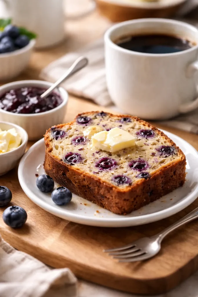 Blueberry muffin bread slice with coffee in background