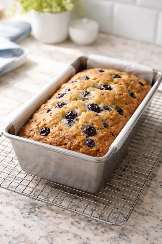 Blueberry muffin bread cooling on a wire rack in its pan