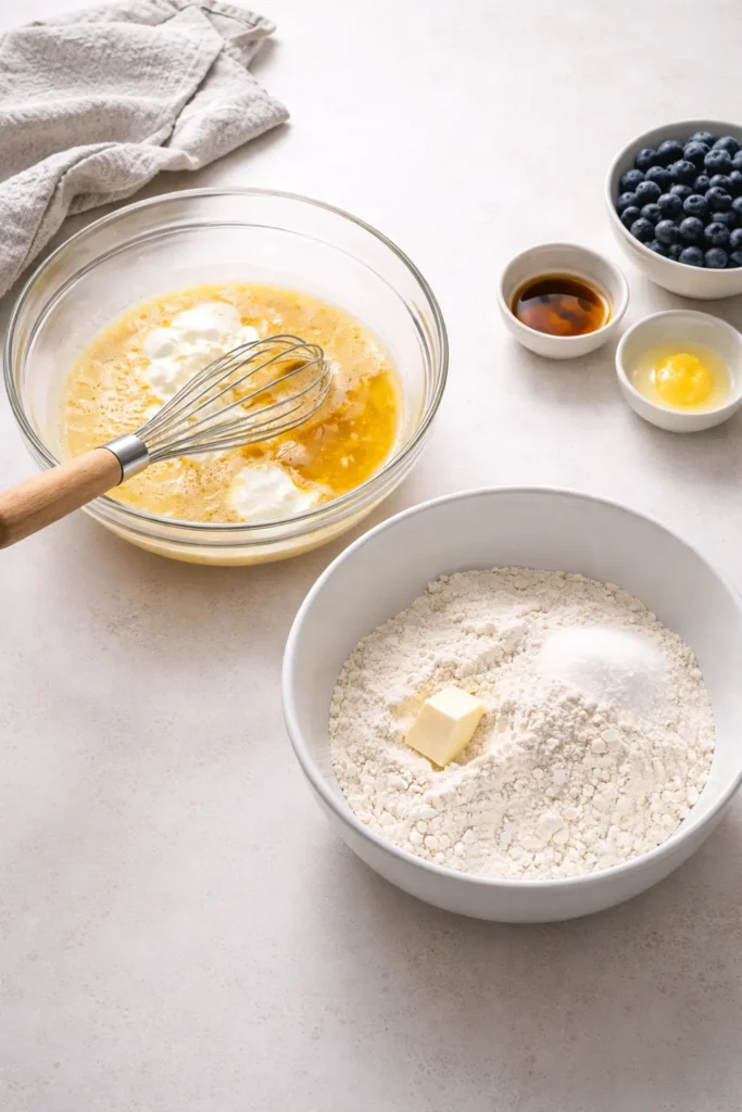 Two bowls and a whisk ready for mixing bread batter