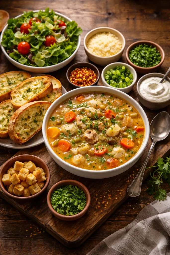 Bowl of soup with crusty bread, side salad, and toppings arranged around on a wooden board