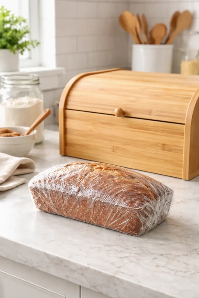 Loaf wrapped in plastic near bread box illustrating freshness storage