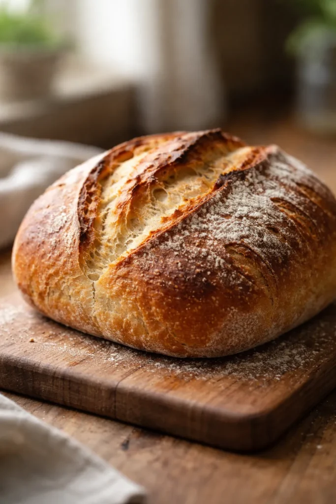 Rustic loaf with textured crust under soft light.