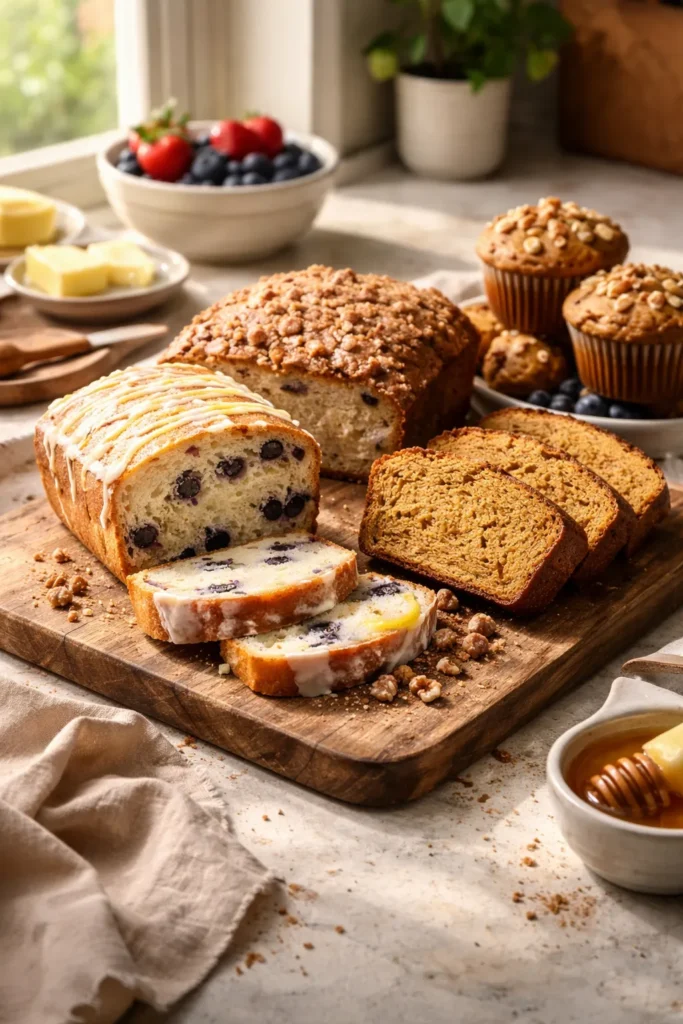 Assorted breakfast breads on a wooden board in a cozy kitchen