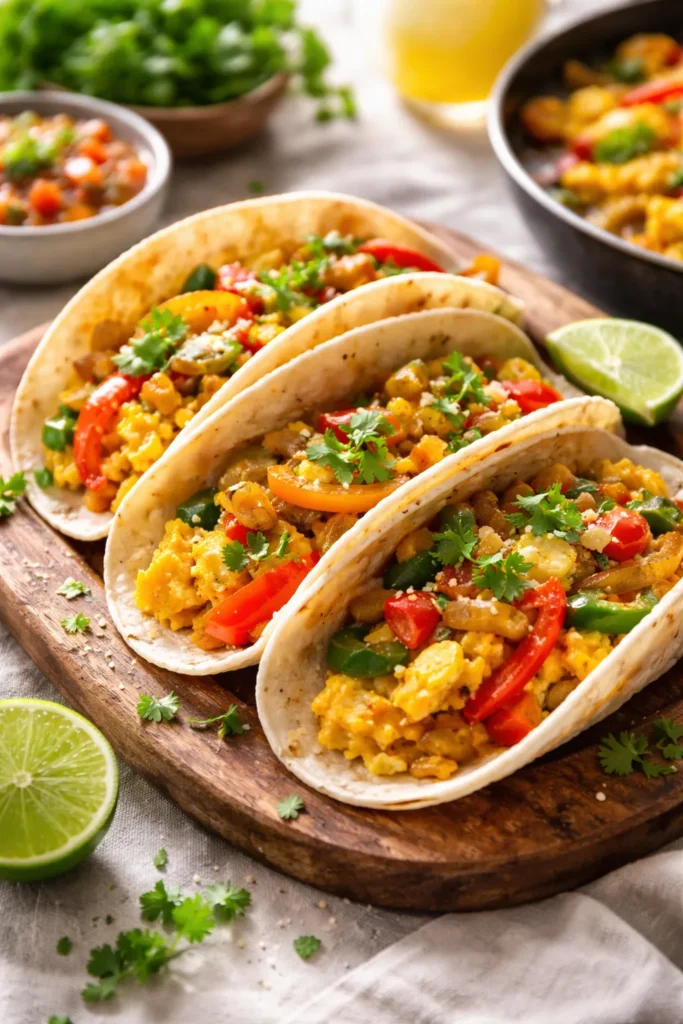 Breakfast fajita taco with eggs and peppers in a tortilla