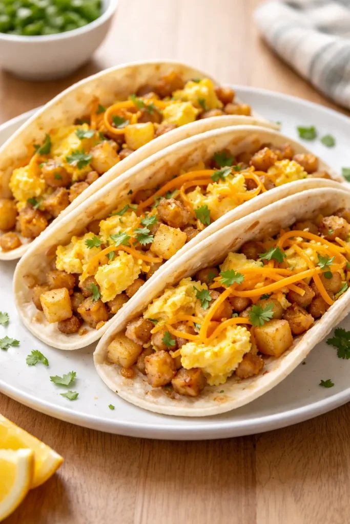 Plate of breakfast tacos filled with eggs, potatoes, and cheddar cheese