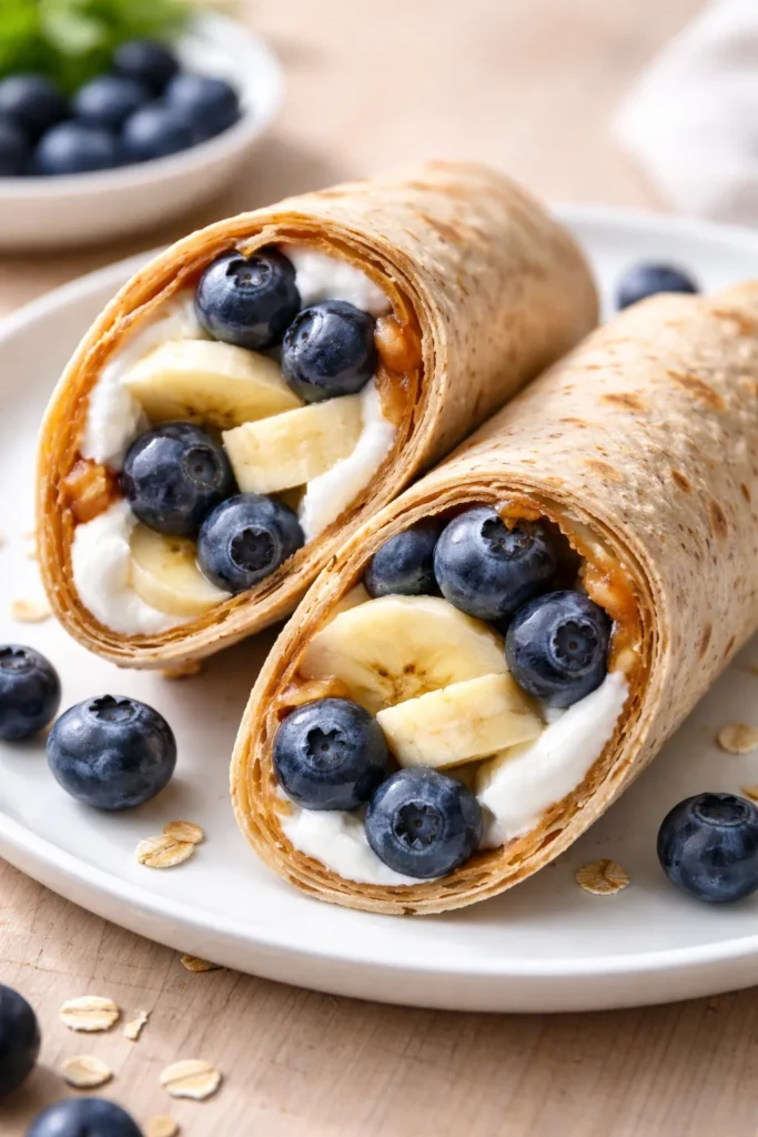 Cross-section view of blueberry breakfast wrap showing yogurt and blueberries