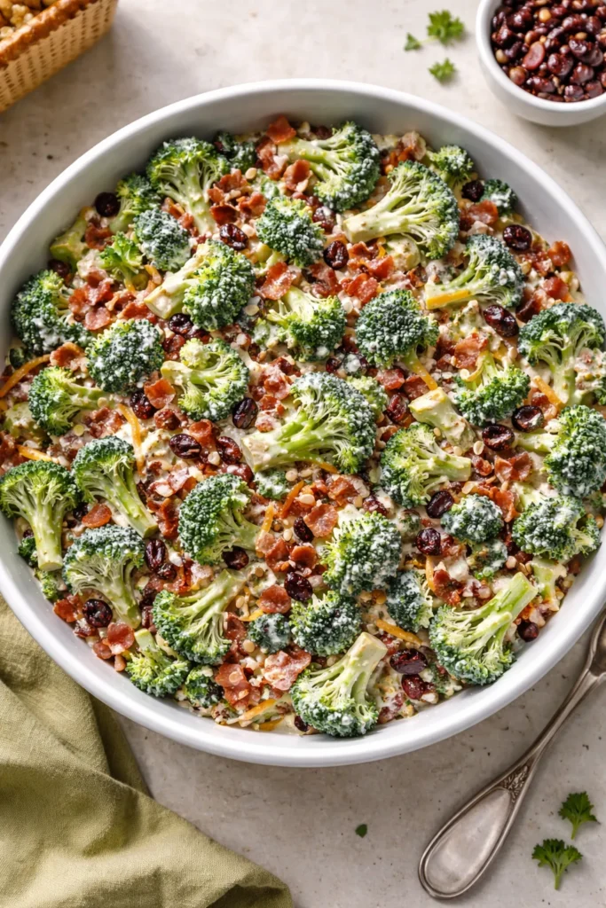 Broccoli bacon salad with cheddar and cranberries in creamy dressing.