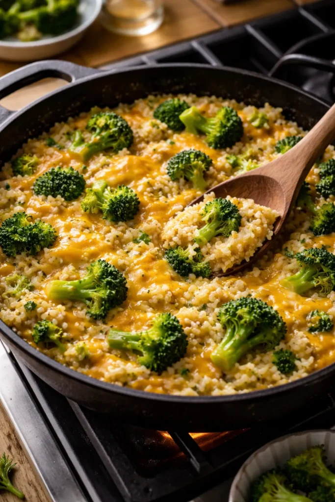 Top-down view of a broccoli cheddar rice skillet with broccoli, rice, and melted cheddar