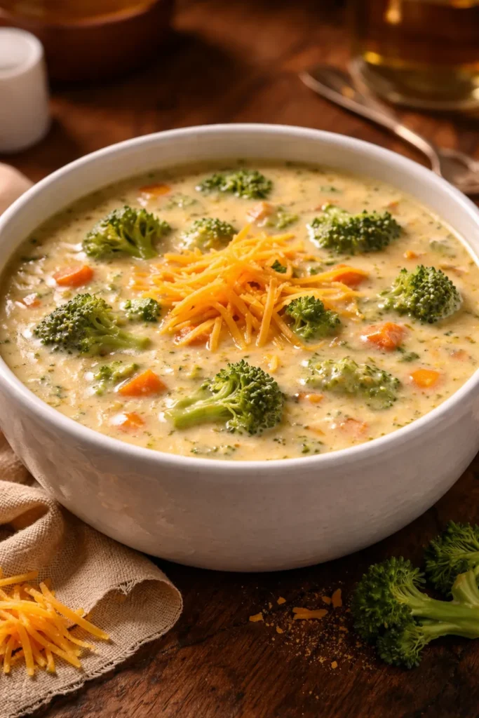 Creamy broccoli cheddar soup with broccoli florets in a pale green soup.