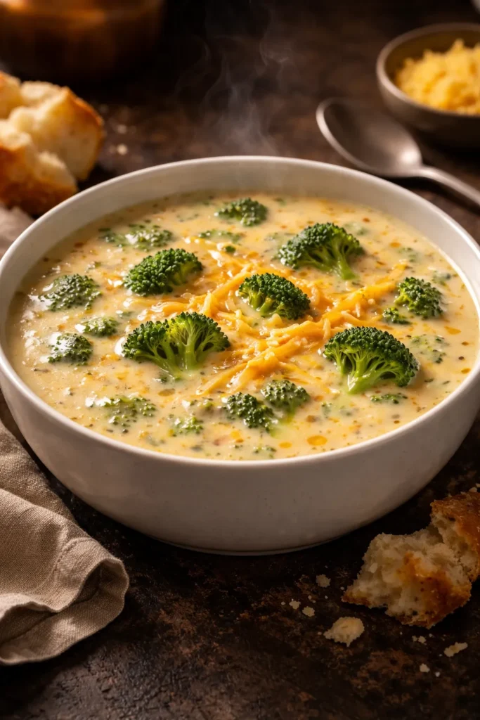 Creamy broccoli cheddar soup with broccoli pieces and melted cheddar in a bowl.
