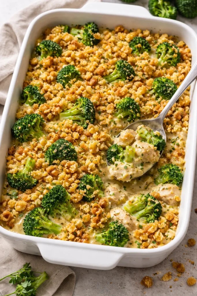 Broccoli Chicken Casserole in a baking dish with stuffing topping