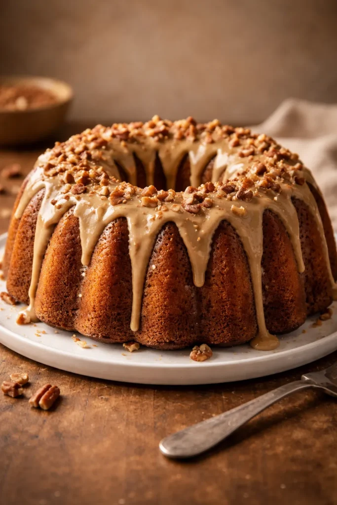 Close-up of brown butter Bundt cake with praline frosting