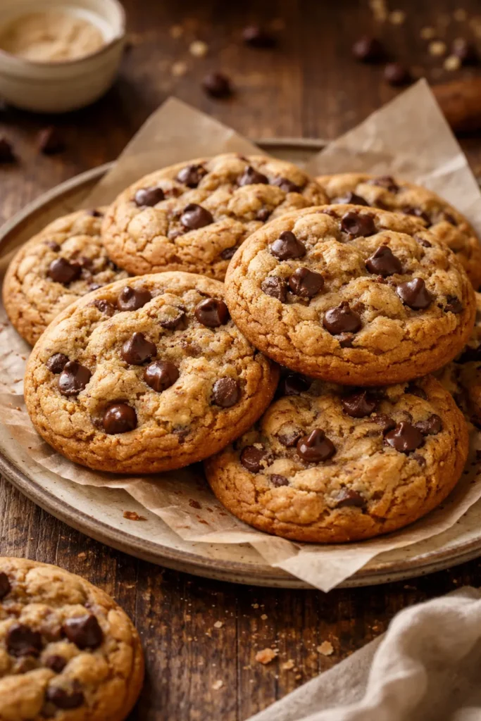 Close-up of thick brown butter chocolate chip cookies with golden edges