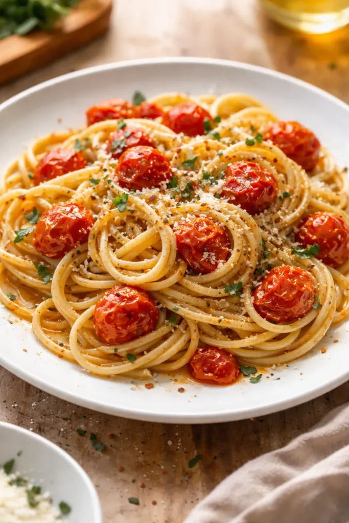 Close-up of brown butter pasta with blistered cherry tomatoes on a white plate
