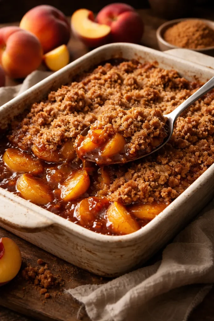 Deep amber peach cobbler made with brown sugar and molasses for a rich flavor