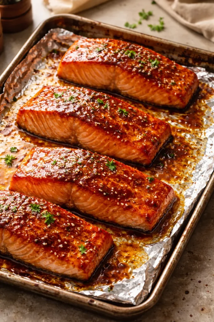 Salmon with brown sugar glaze on a foil-lined tray