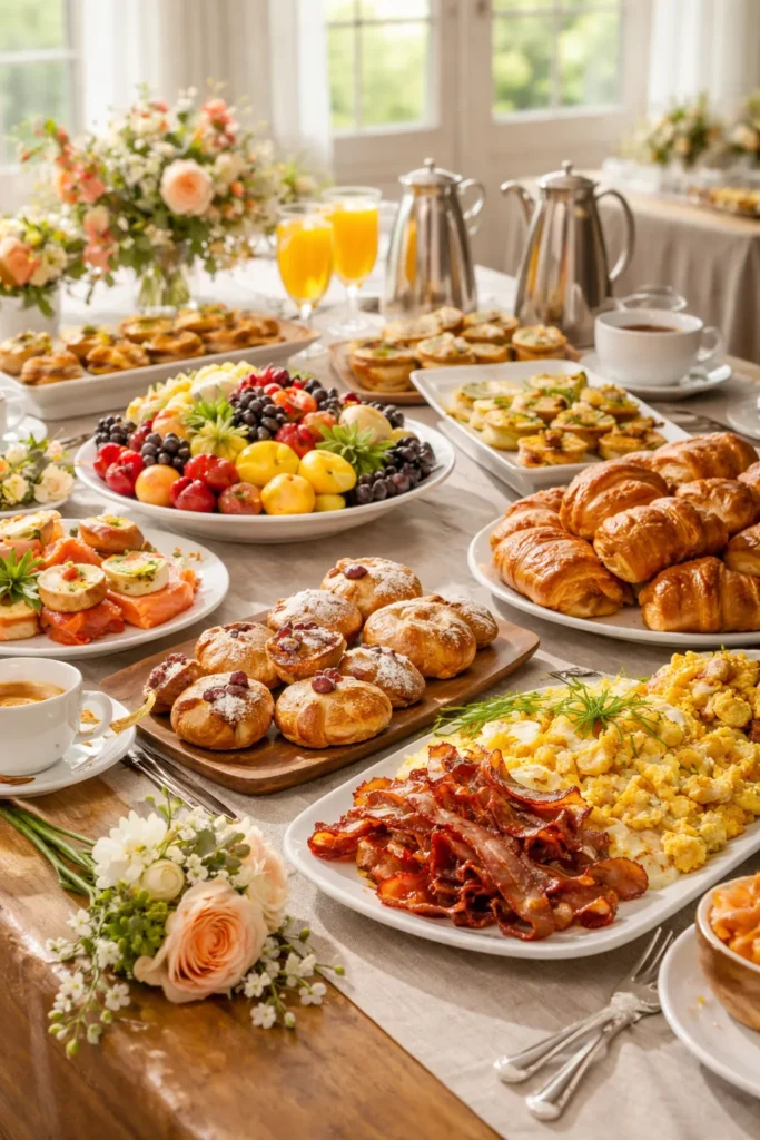 Brunch spread with pastries, fruit, eggs and coffee at a wedding reception
