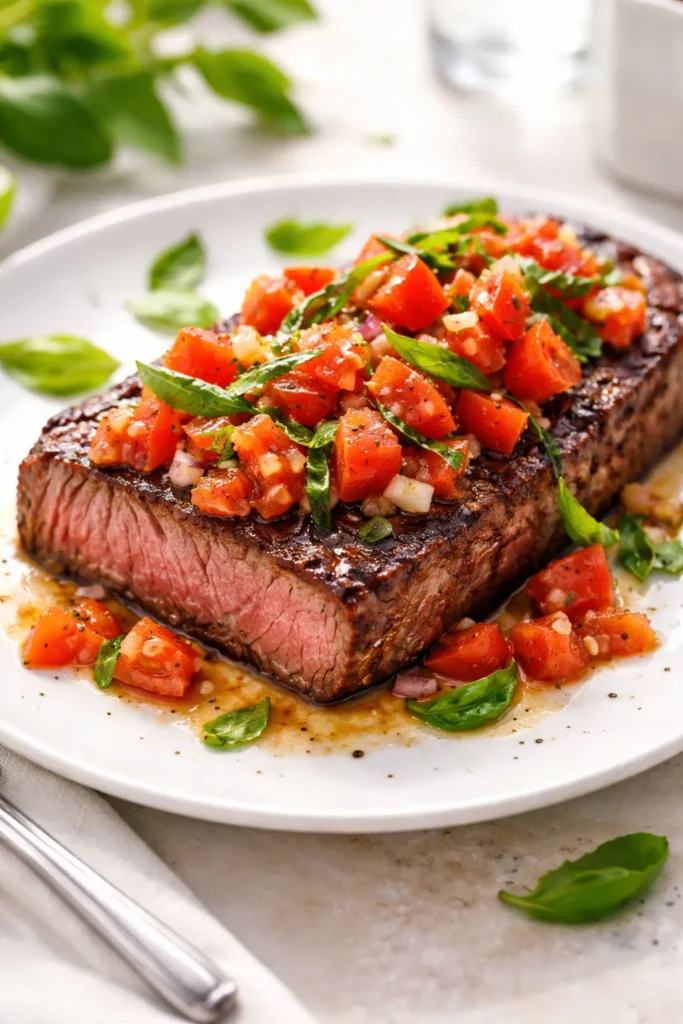 New York strip steak with bruschetta topping on plate