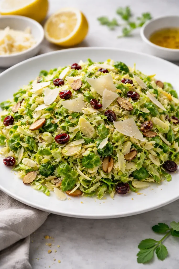 Bright shaved Brussels sprouts with parmesan and nuts salad