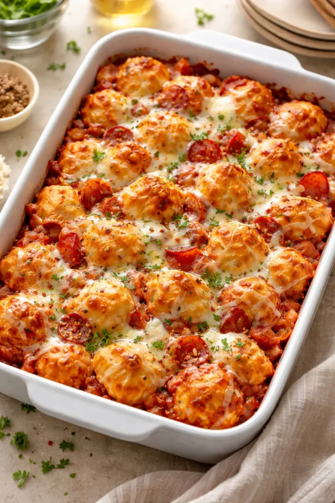 Pull-apart bubble-up pizza casserole with biscuits and cheese
