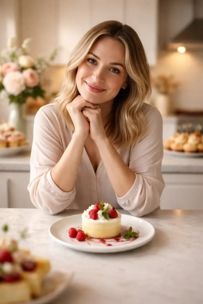 Calm host beside a single elegant dessert plate on a minimalist kitchen island