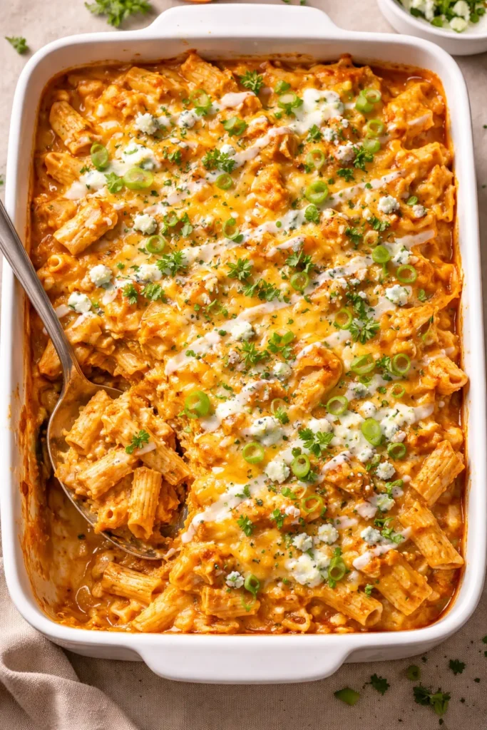 Buffalo Chicken Casserole in a baking dish with melted cheese
