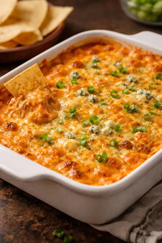 Creamy buffalo chicken dip bubbling in a baking dish with melted cheese