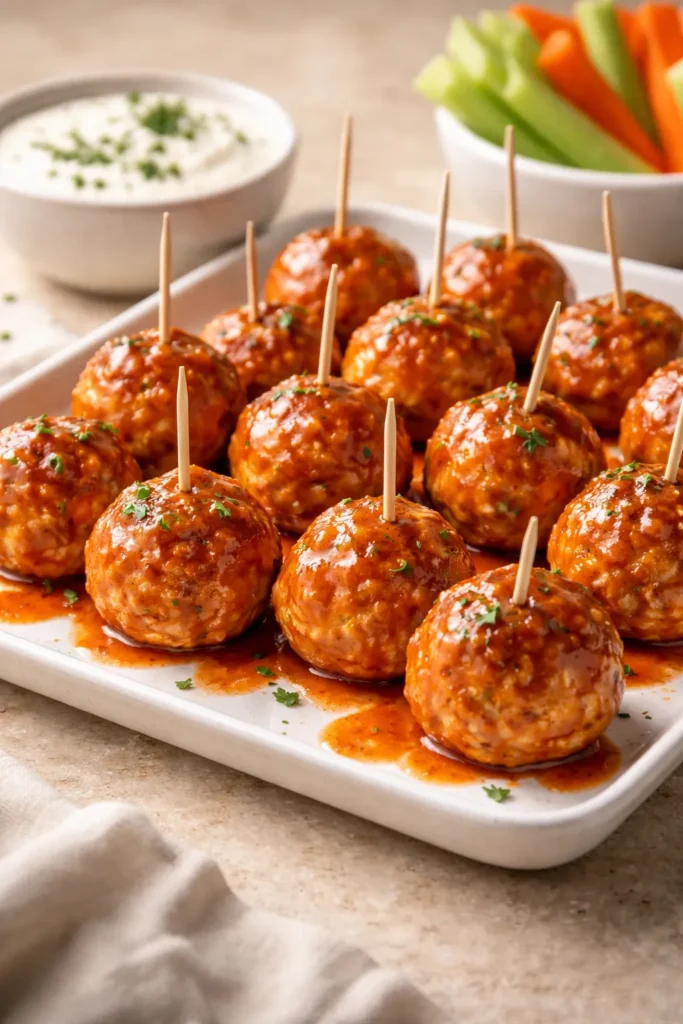 Buffalo chicken meatballs on a platter with toothpicks