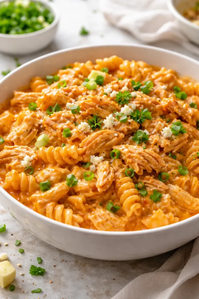 Creamy buffalo chicken pasta in a bowl