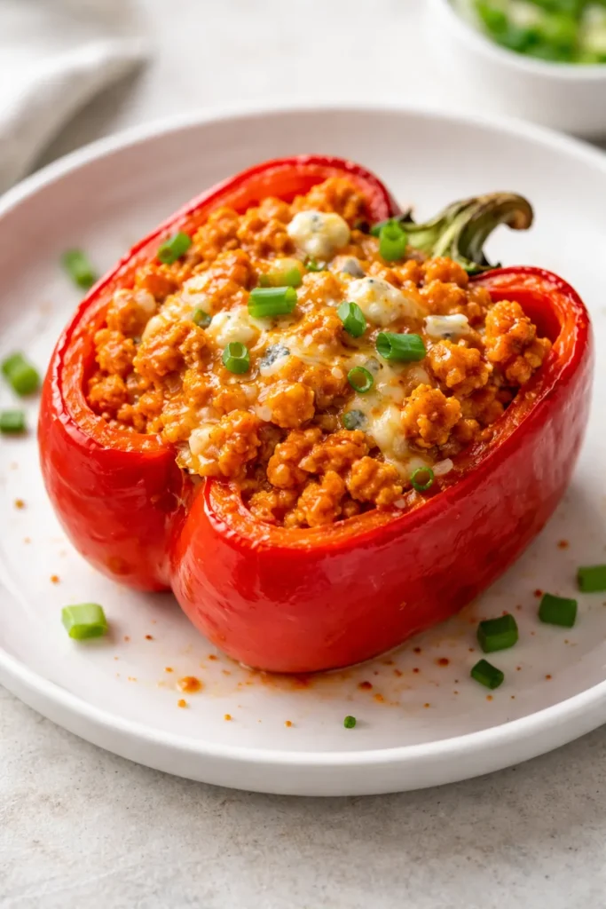Buffalo ground chicken stuffed pepper on a clean plate