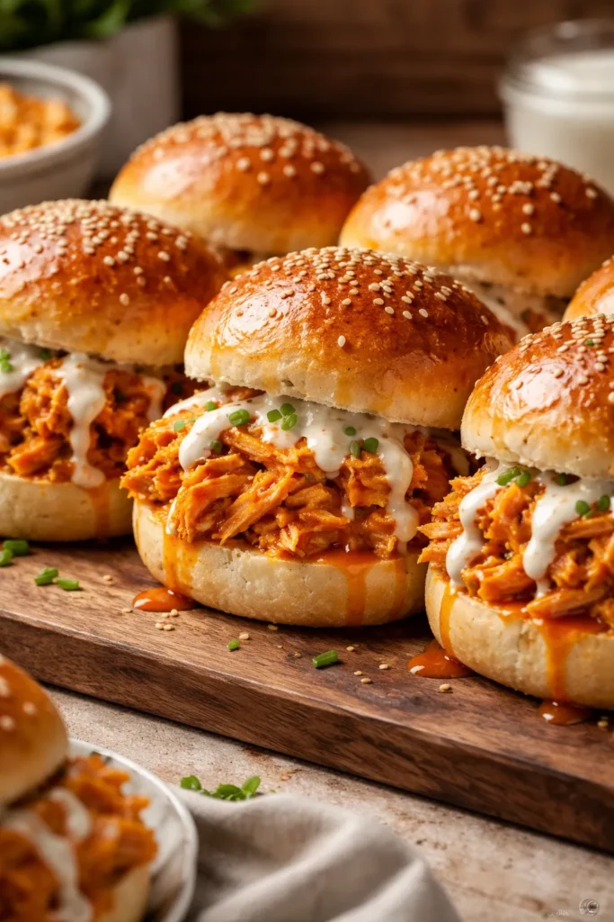 Close-up of Buffalo Chicken Sliders showing spicy filling