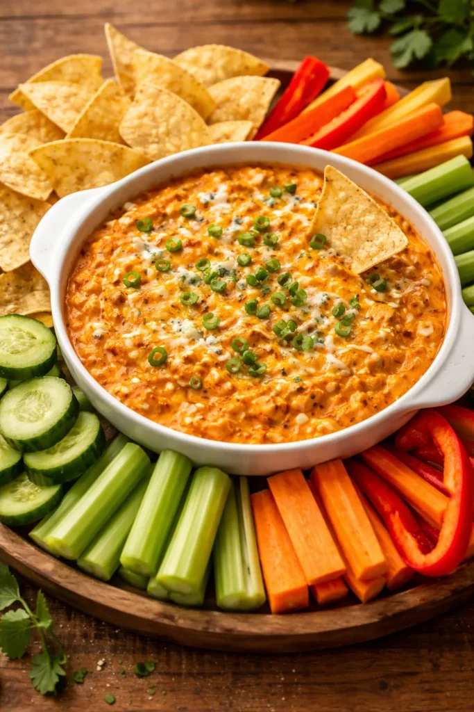 Close-up of creamy buffalo chicken dip with tortilla chips and fresh crudités on a wooden table