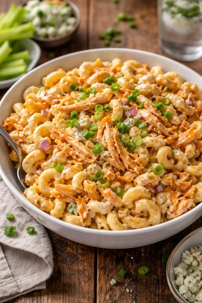 Buffalo chicken macaroni salad with blue cheese dressing in a bowl on a wooden table