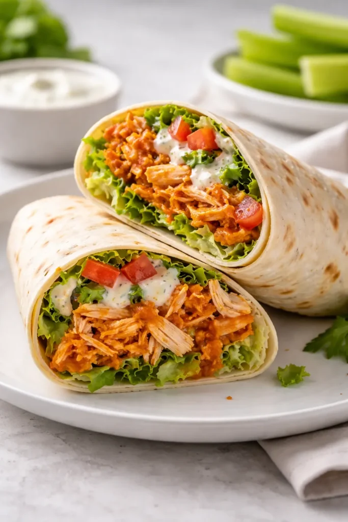 Close-up of a buffalo chicken wrap sliced in half on a plate showing spicy chicken and fresh greens