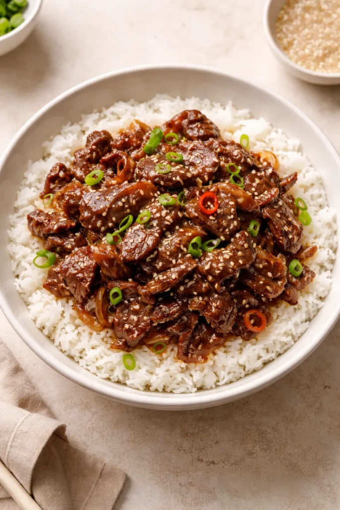 Beef bulgogi over jasmine rice in a white bowl, glossy sauce