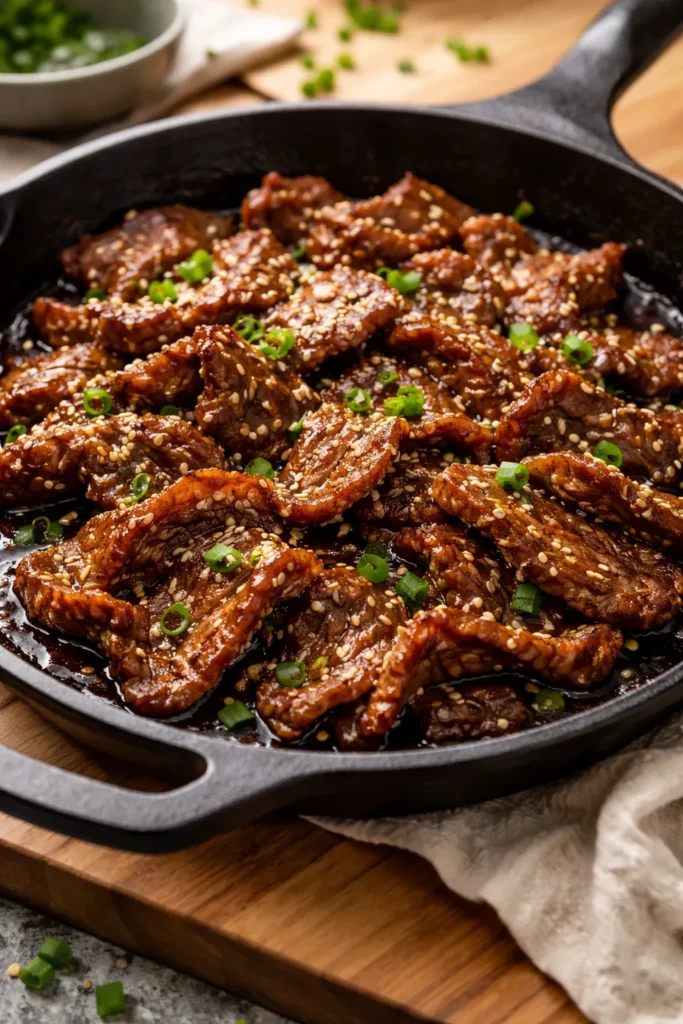 Close-up of glossy beef bulgogi slices with caramelized edges in a skillet