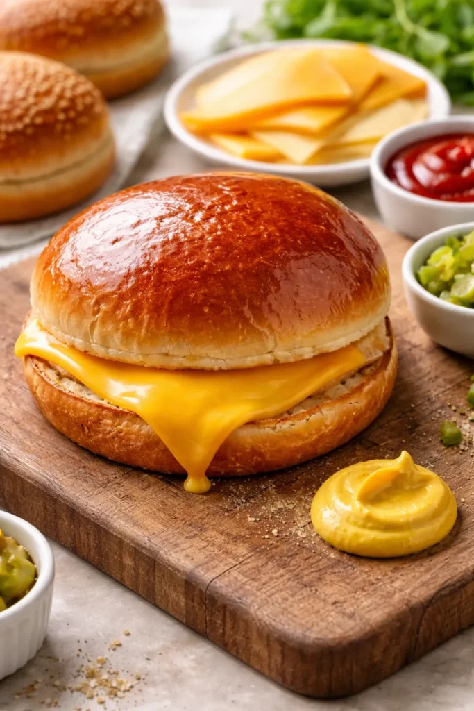 Brioche bun half with melting American cheese and mustard