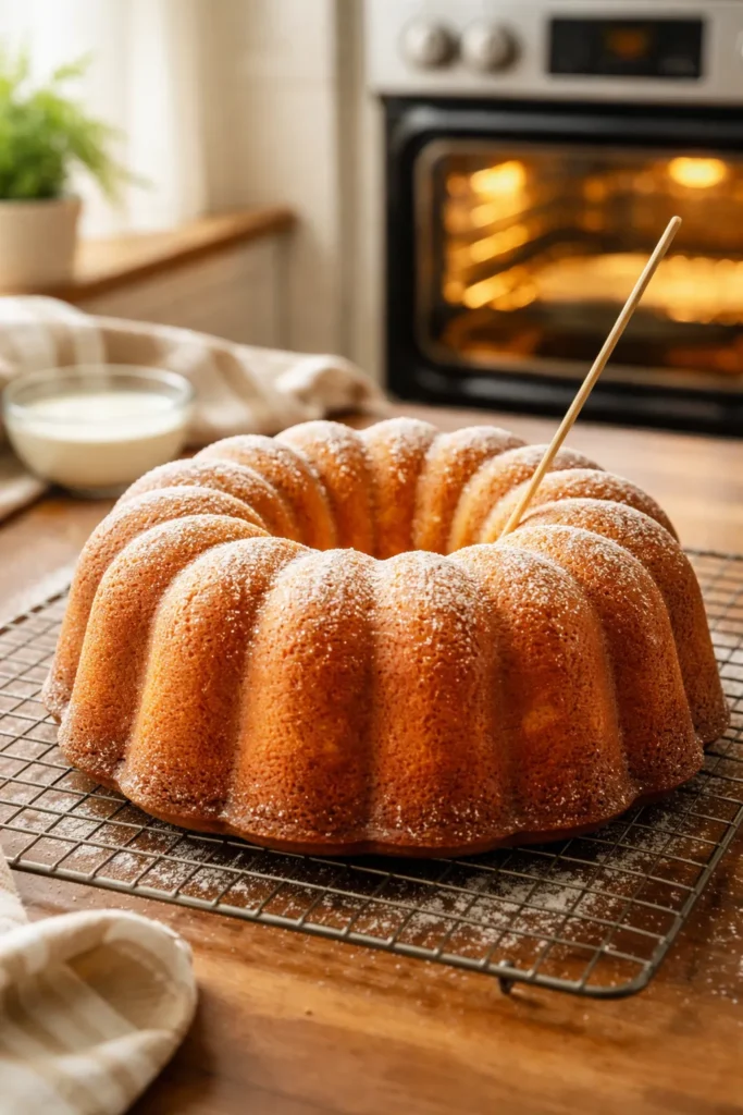 Bundt cake on a cooling rack with warm kitchen glow in the background
