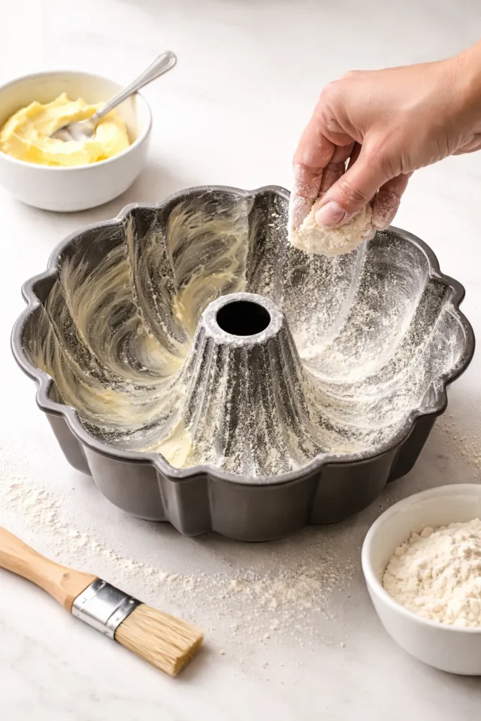 Bundt pan greased and dusted with flour on counter