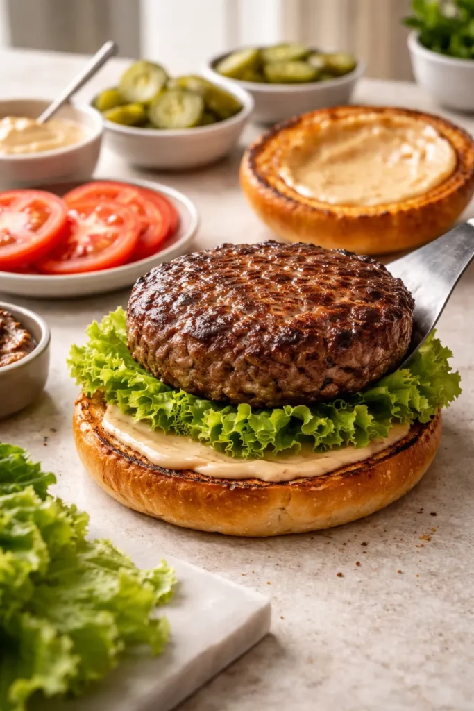 Close-up of burger assembly showing bun, sauce, lettuce, and patty