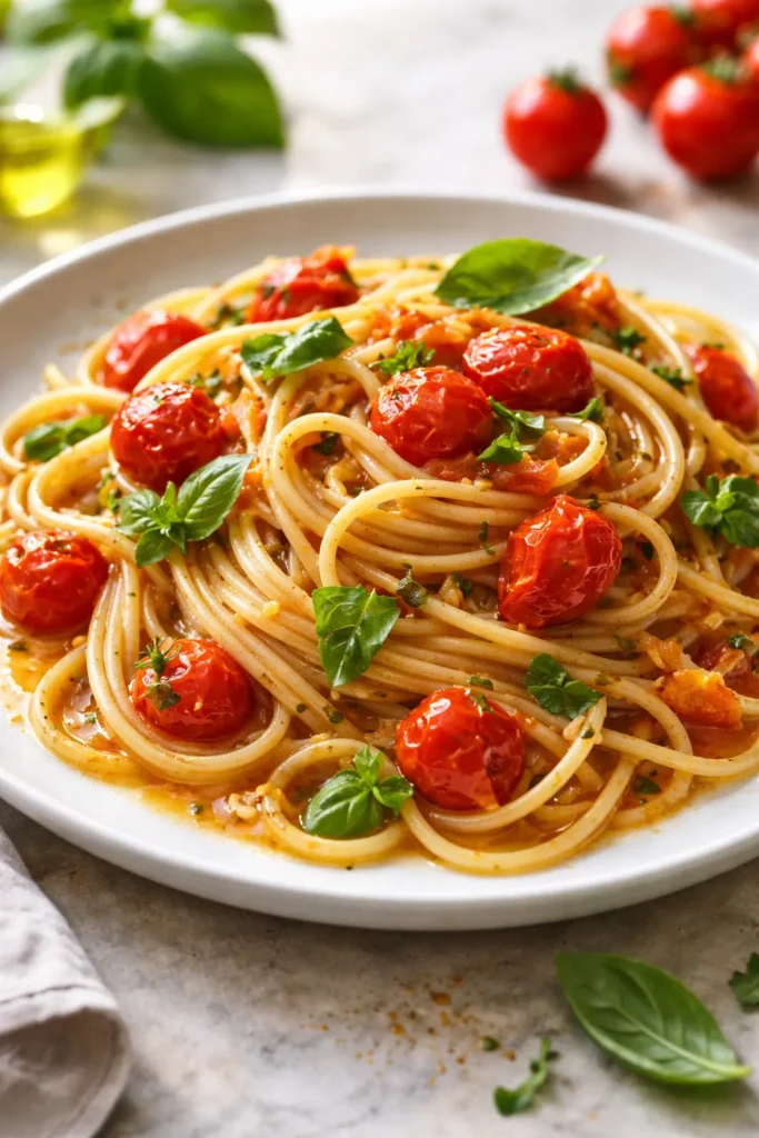Pasta with bursting cherry tomato sauce and basil