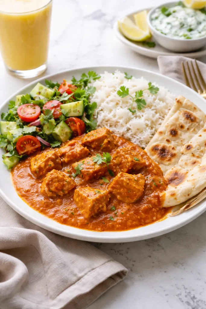 Plate with butter chicken, rice, and naan, ready to serve