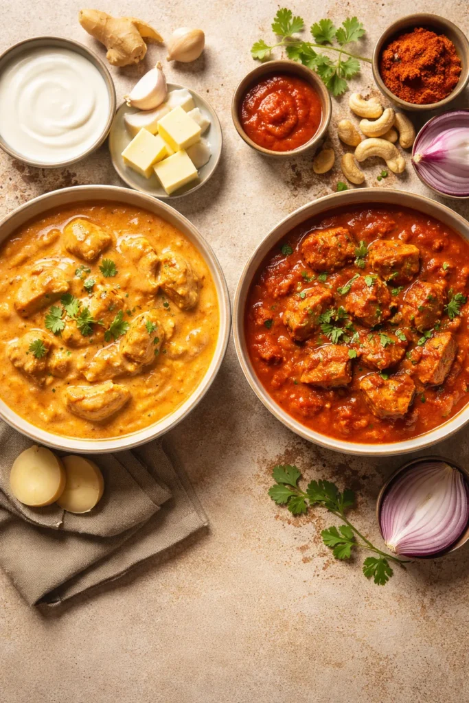 Two bowls showing creamy butter chicken sauce and chunky tikka masala sauce side by side