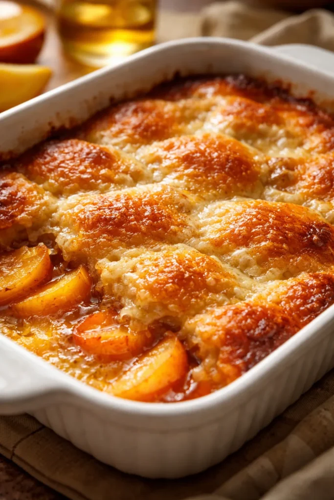 Golden cobbler topping browning in a baking dish