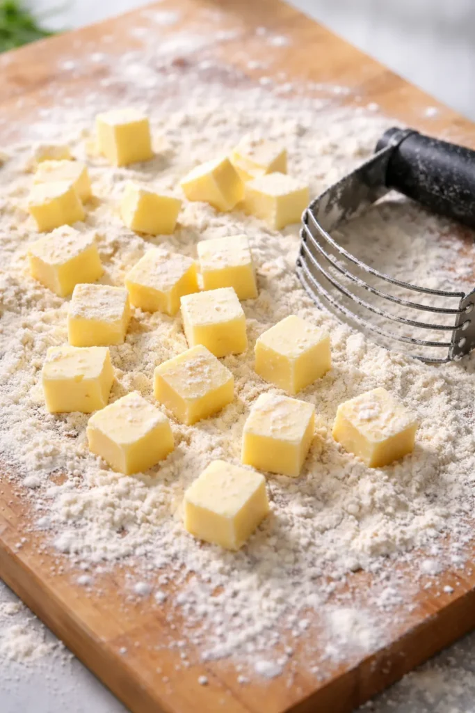 Cold butter cubes on flour-dusted surface with a pastry cutter nearby