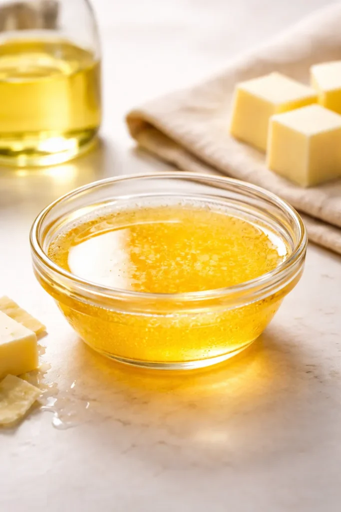 Melted butter in a small dish on a clean surface.
