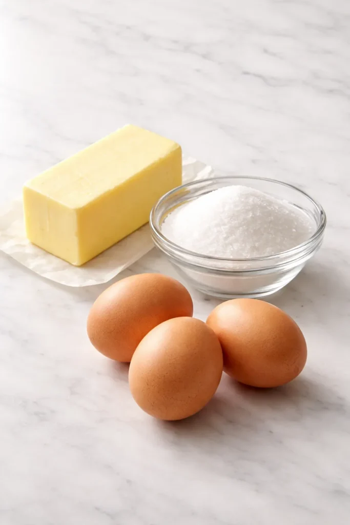 Butter, sugar, and eggs arranged on marble countertop