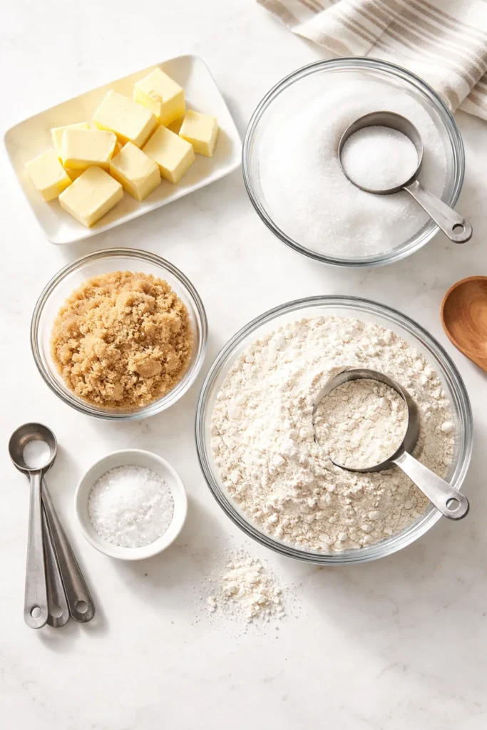 Top-down arrangement of butter, sugar, brown sugar, and flour for baking