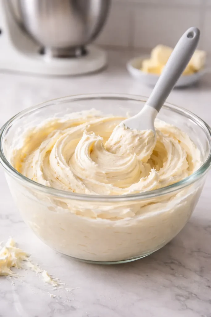 Close-up of pale ivory buttercream in a glass bowl showing smooth texture