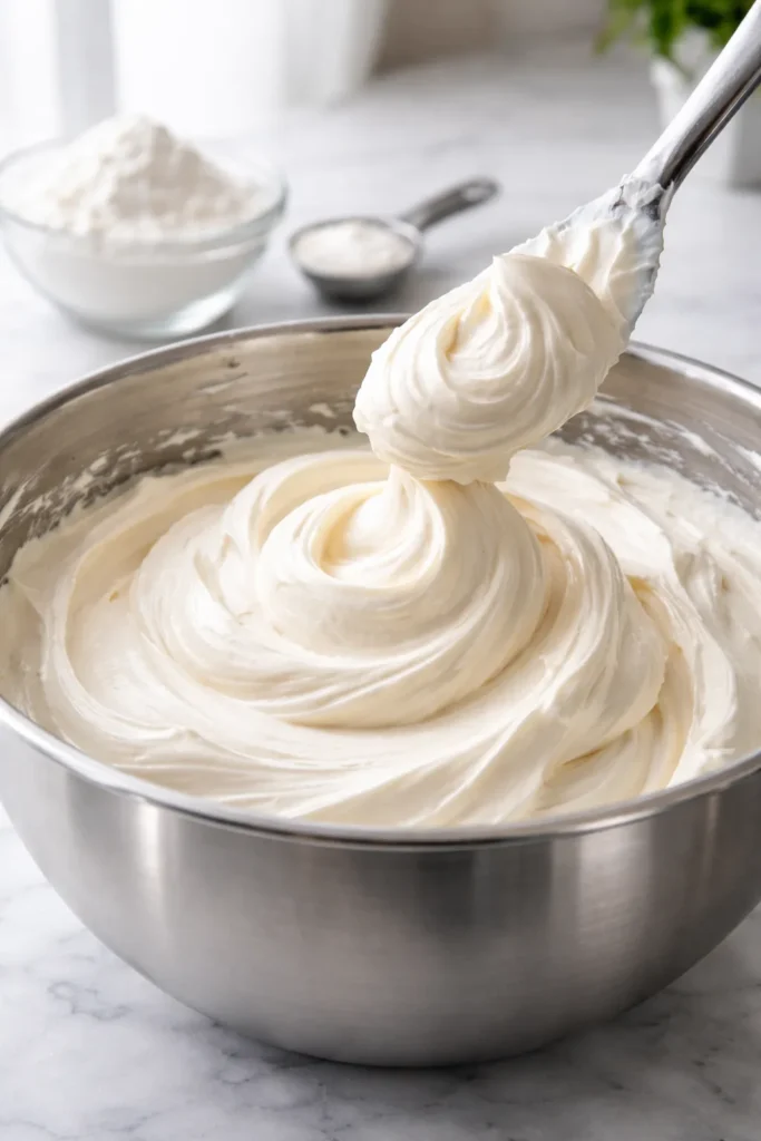 Glossy pale buttercream in a bowl with subtle hints of meringue powder